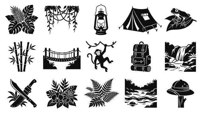 Jungle Adventure and Wilderness Exploration Icons Set in Black  White Glyph Style