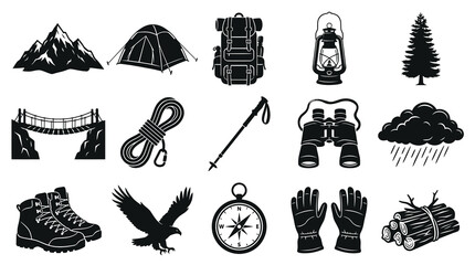 Obraz premium Black and White Glyph Icons of Camping and Hiking Gear for Outdoor Adventure