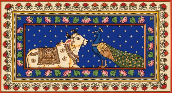 Traditional Indian Painting of Nandi Bull and Peacock.
