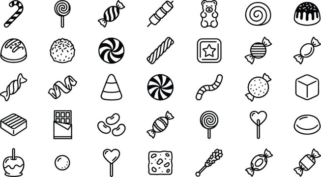 Collection of Cute Candy Icons with Lollipops, Chocolates, Wrapped Sweets, Gummies, and Confectionery Treats for Digital Design and Illustrations