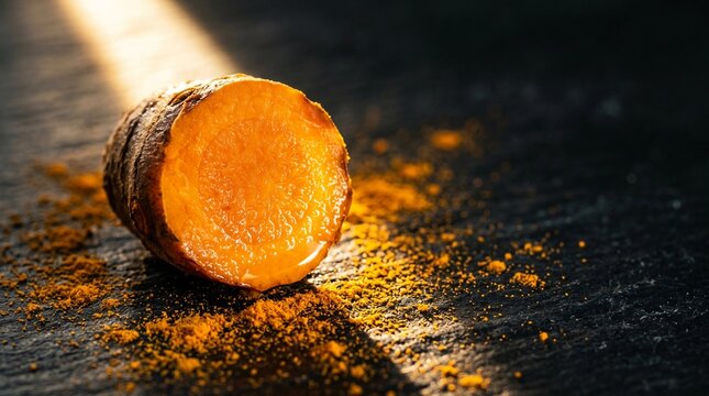 Sliced Raw Turmeric Root with Powder for Anti-Inflammatory Curcumin and Food as Medicine Concept
