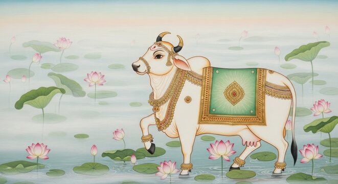 Traditional Indian Painting of Sacred Cow Amidst Lotus Flowers.