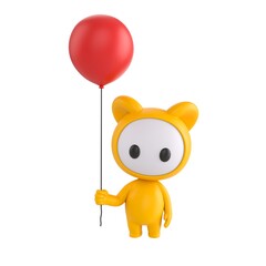 Cute 3D render Little Yellow Monster character holding a balloon, playful and cheerful mascot style, isolated on white background for celebration, party, and digital design.