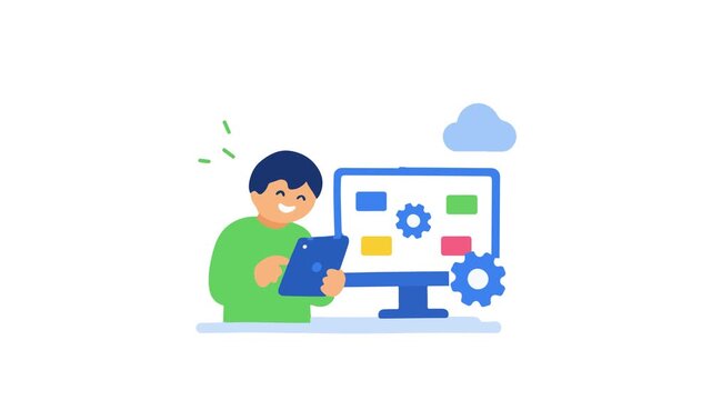Animated character using a tablet to synchronize and manage data on a computer screen. Simple motion graphic for system integration, IT management, and remote automation concept.