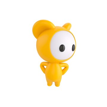 Cute 3D render Little Yellow Monster character standing with hands on hips, body facing forward while looking to the side, confident and thoughtful pose, isolated on white background.