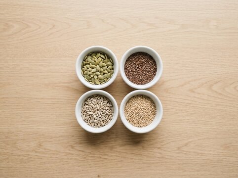 Seed Cycling for Hormone Balance with Pumpkin Flax Sesame and Sunflower Seeds on Minimalist Wood Desk
