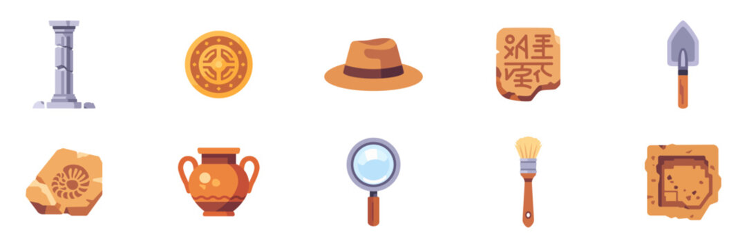 Set of archaeology artifacts and excavation tools for ancient history research, colorful collection with illustrations