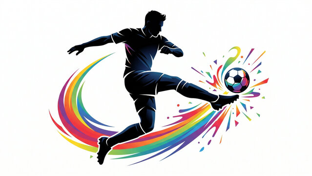 A soccer player kicking a ball with a colorful swirling effect