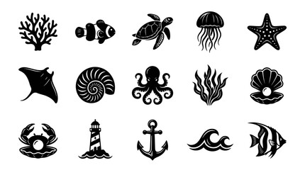 Obraz premium Ocean and Marine Life Glyph Icons Set. Nautical Sea Creatures and Underwater Elements Collection in Black White