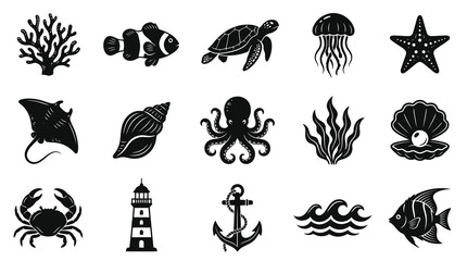 Fototapeta premium Marine Life and Nautical Elements Glyph Icons Set - Black and White Vector Silhouettes