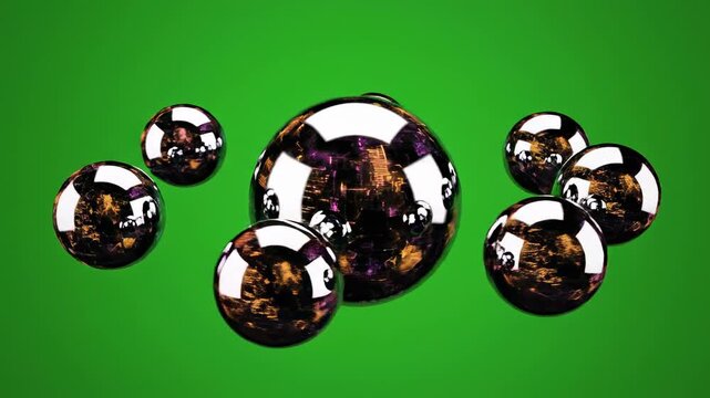 Abstract 3 d chrome spheres floating and morphing on green screen background metallic
