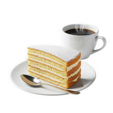 A delicious slice of cake with a cup of coffee on a white plate isolated on transparent background