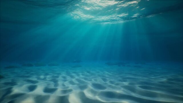 Sunlight rays penetrating deep blue underwater ocean surface hitting sandy sea floor with ripples