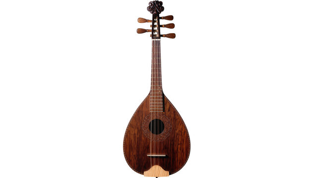 Ornate carved wooden lute with round body and fretted neck, isolated on transparent background