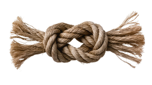 Thick natural fiber rope tied in a secure knot, isolated on transparent background