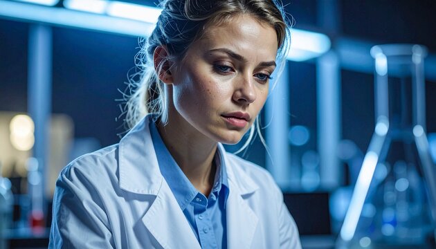 Female scientist working overnight in laboratory, tired realistic face texture, subtle imperfections, dramatic lighting