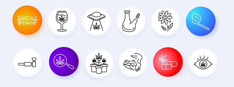 Cannabis lifestyle set icon. Line style icons display text label, wine glass leaf, hat leaf, bong pipe, flower plant, joint smoke, magnifier leaf, potted plant, rolling leaves