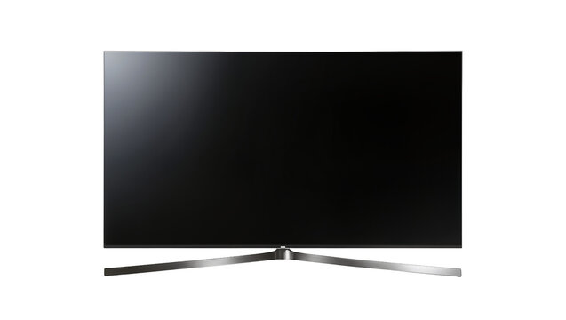 Modern flat screen television with brushed metal stand, isolated on transparent background