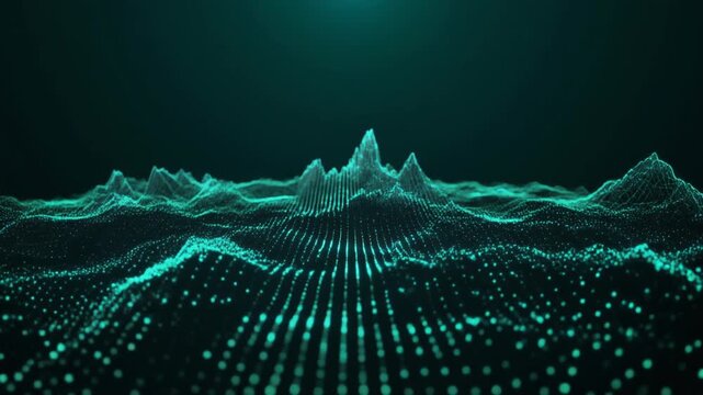 Abstract digital landscape with glowing cyan particles creating an undulating wave pattern, representing data flow, sound visualization, or futuristic technology