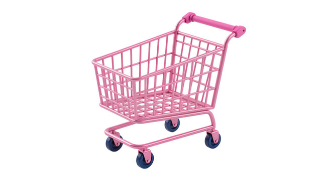 Pink metal miniature shopping cart with dark wheels, isolated on transparent background