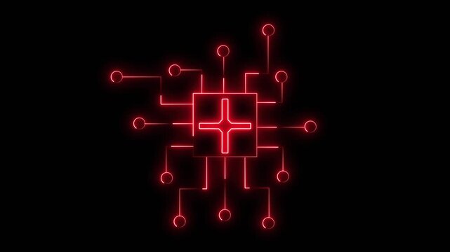 Red plus sign on neon circuit board pattern. Technology plus symbol for digital addition. Digital plus sign animation for technology.