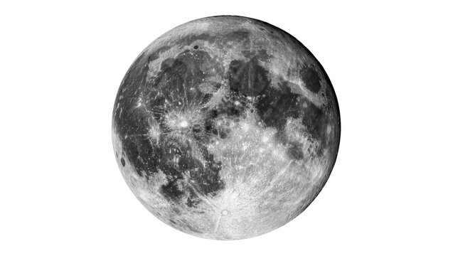 Detailed full moon surface with craters and maria, isolated on transparent background