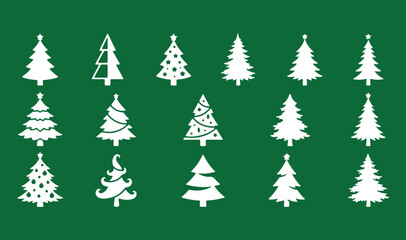 Obraz premium Christmas tree silhouettes set white pine fir vector collection on green background
