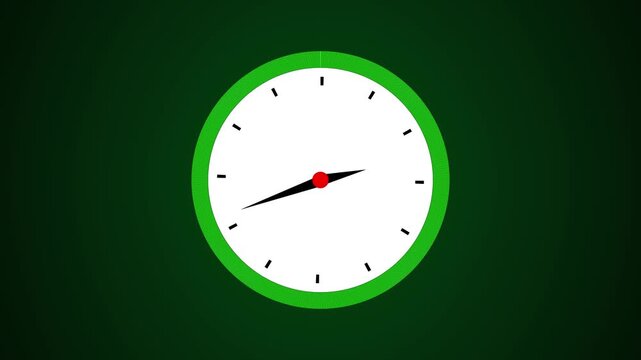Simple analog clock face with green border. Time management symbol for schedule and planning. Digital clock animation for hour tracking.
