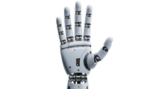 Detailed robotic hand with articulated fingers, isolated on transparent background