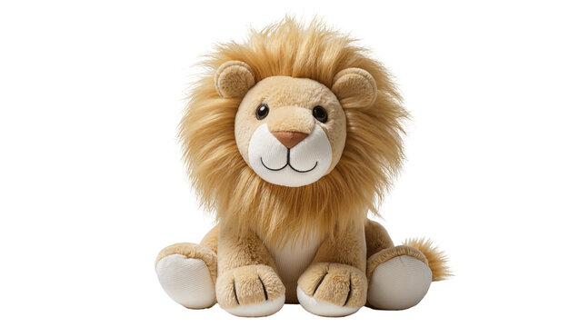 Fluffy plush lion toy with large mane sitting, isolated on transparent background