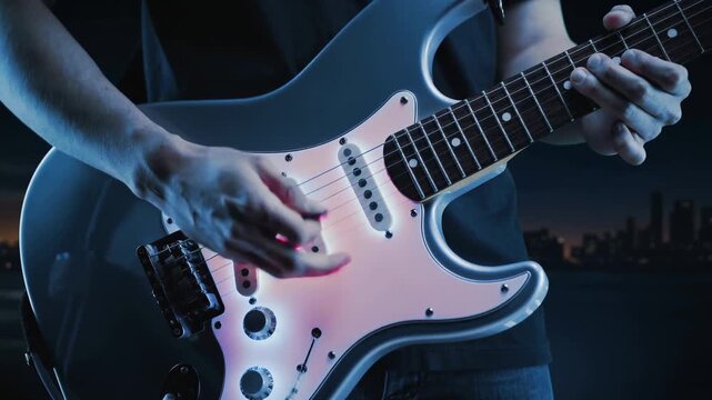 Musician Playing Electric Guitar With Glowing Pickguard On Stage