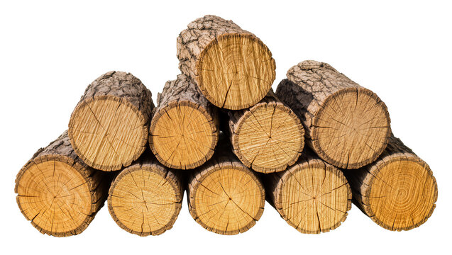 Stack of rough barked pine logs cut ends showing growth rings, isolated on transparent background