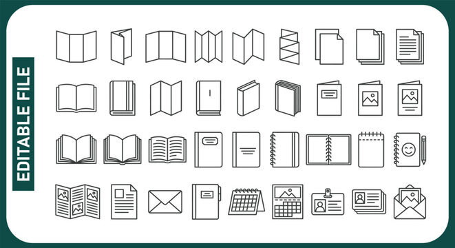 Brochure line icons set. Flyer leaflet, catalogue, booklet, magazine, letterhead, open book and other polygraphy vector illustration. Outline signs for print shop. Editable Stroke