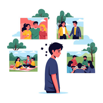 Illustration of a lonely man visualizing friends and good times
