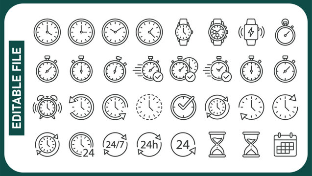 Time line icons set. Timer, alarm clock, wristwatch, smart watch, hourglass, schedule calendar vector illustration. Outline signs about notification. Editable Strok