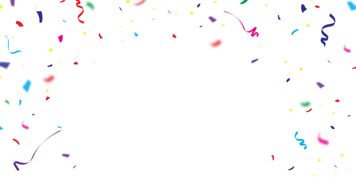 Bright colorful confetti and curling streamers form a festive border frame around a blank white party background, ideal for celebration, invitation, event or birthday design and seasonal promotional.