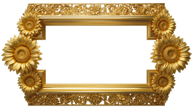 Ornate golden picture frame with sunflower embellishments, isolated on transparent background