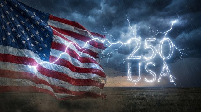 A tattered American flag waves defiantly in a stormy sky, illuminated by lightning. Bright lightning strikes form the text 250 USA.