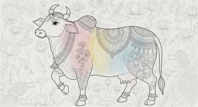 Traditional Indian Sacred Cow Illustration with Intricate Mandala Patterns.