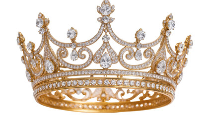 Ornate golden tiara adorned with numerous sparkling diamonds, isolated on transparent background © AnaMaria