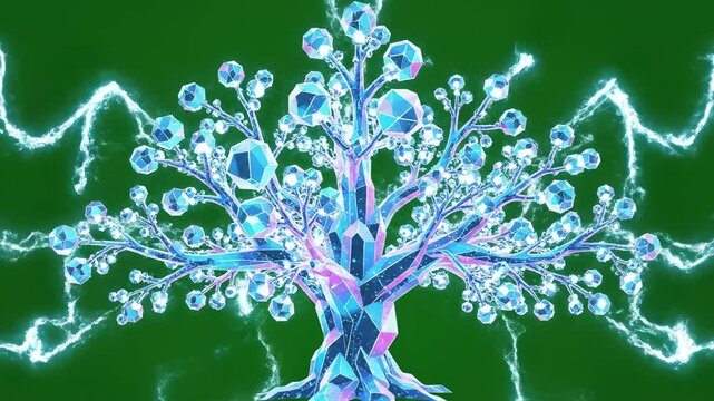 Animated crystal tree growing with electric lightning effects on green screen background