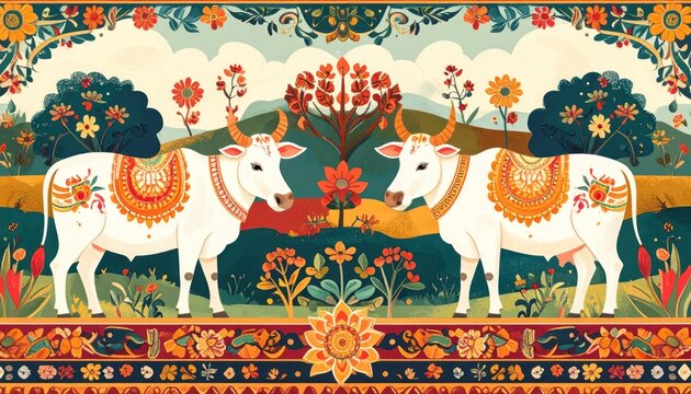 Traditional Indian Sacred Cows adorned with ornate decorations in a vibrant folk art style.