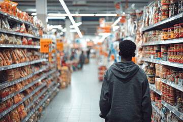 Obraz premium A person in a hoodie walks through a brightly-lit grocery store aisle lined with snacks and food products on both sides.