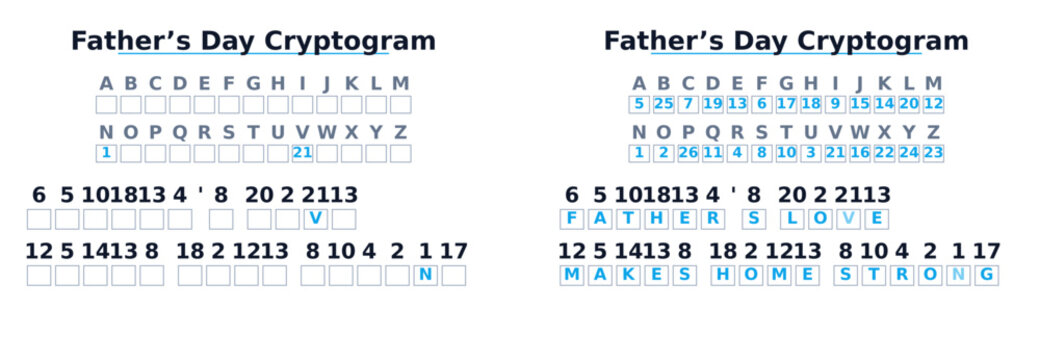 Father's Day cryptogram puzzle with decoded letters and numbers  