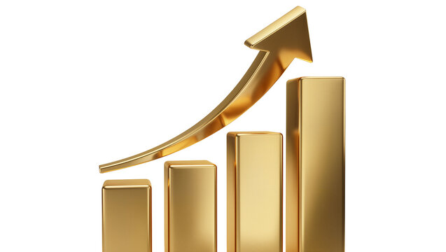 Golden bar chart with upward trending arrow, isolated on transparent background