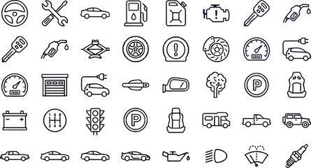 Naklejka premium Car and Automotive Icons Collection with Vehicle Symbols, Garage Tools, Gas, Engine, Parking, and Road Safety Symbols for Digital Design