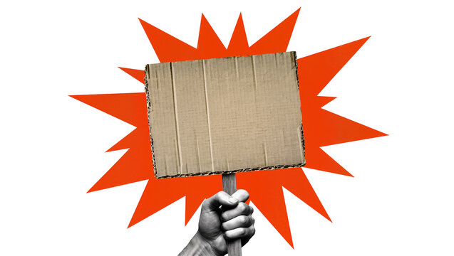 Hand holding cardboard sign with orange starburst, isolated on transparent background