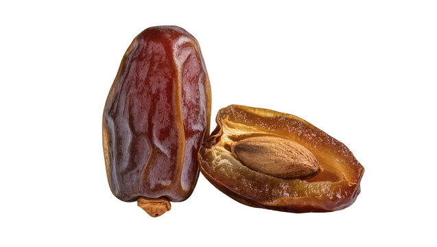 Whole and halved Medjool date with visible seed, isolated on transparent background