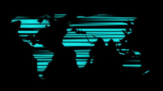 World map silhouette with cyan horizontal stripes. World map symbol for global data and network. Digital world map animation for international earth.