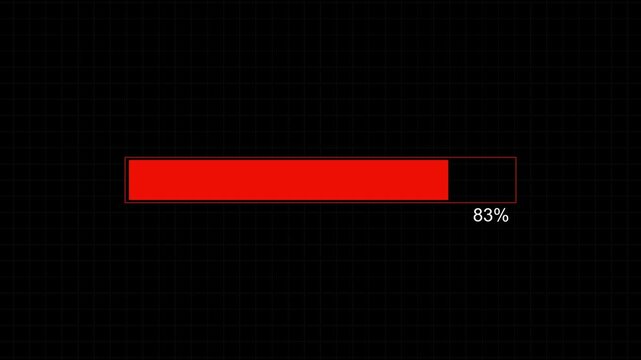 Red loading bar at 49 percent on dark grid. Red loading bar symbol for system data warning. Digital red loading bar animation for tech interface.